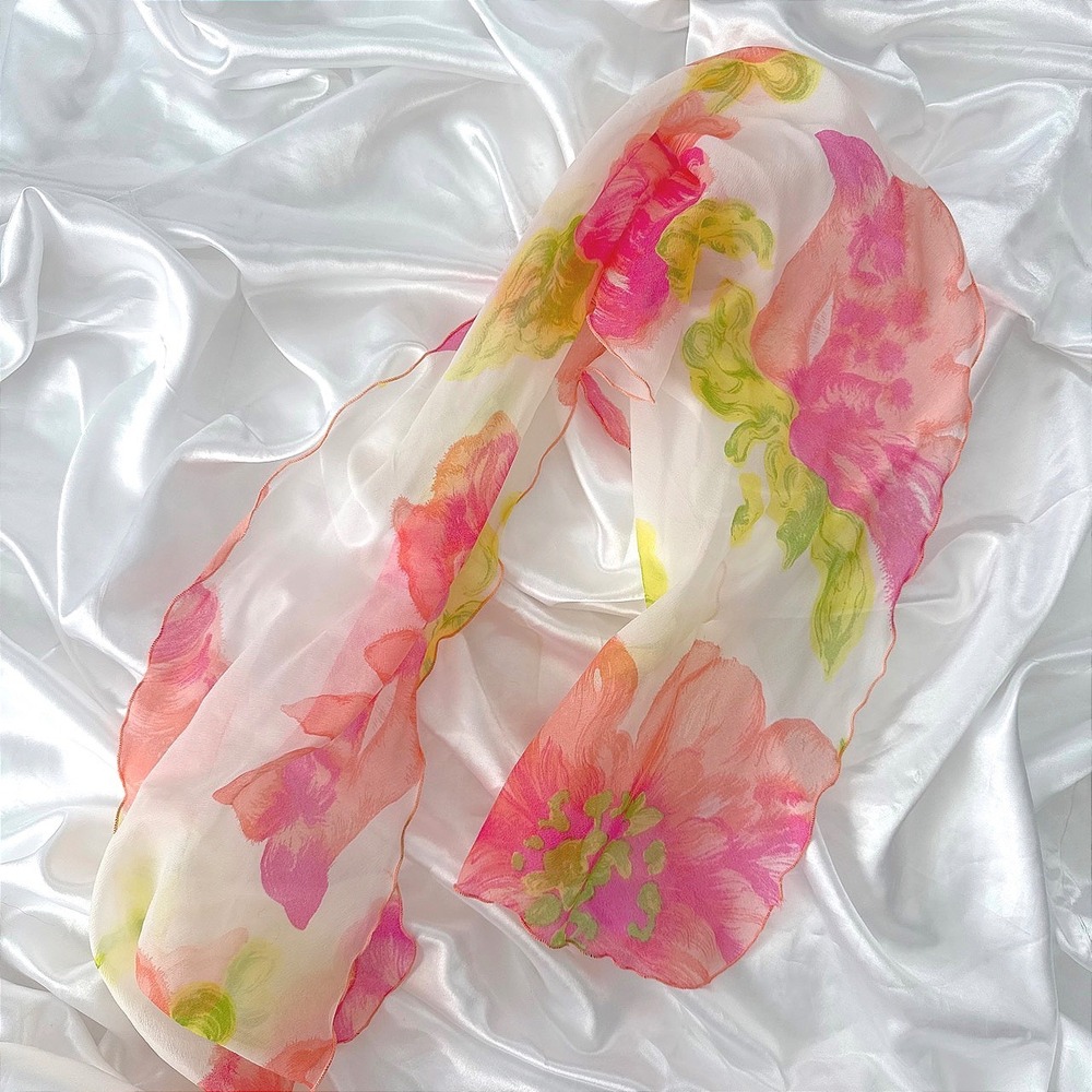 Vintage Sheer Floral Scarf Pink Orange Watercolor Flower Lettuce Edge Wrap